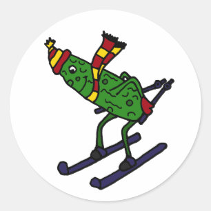 Funny Pickle Skiing Cartoon Classic Round Sticker