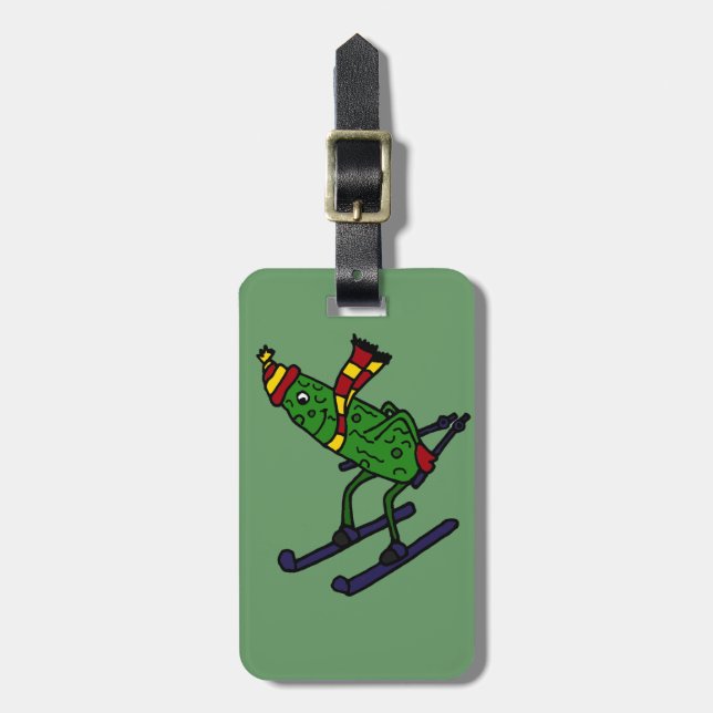 Funny Pickle Skiing Cartoon Luggage Tag (Front Vertical)