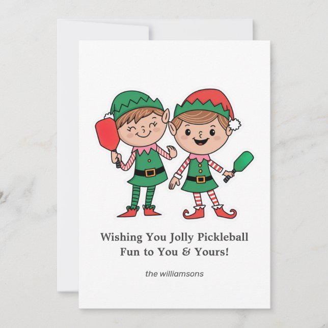 Funny Pickleball Christmas Elves, Custom Text Holiday Card (Front)