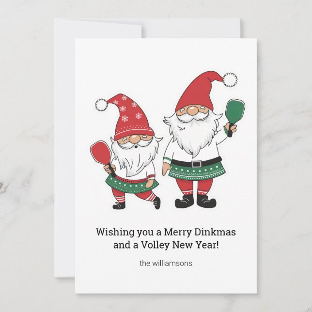 Funny Pickleball Christmas Gnomes, Custom Text Holiday Card (Front)