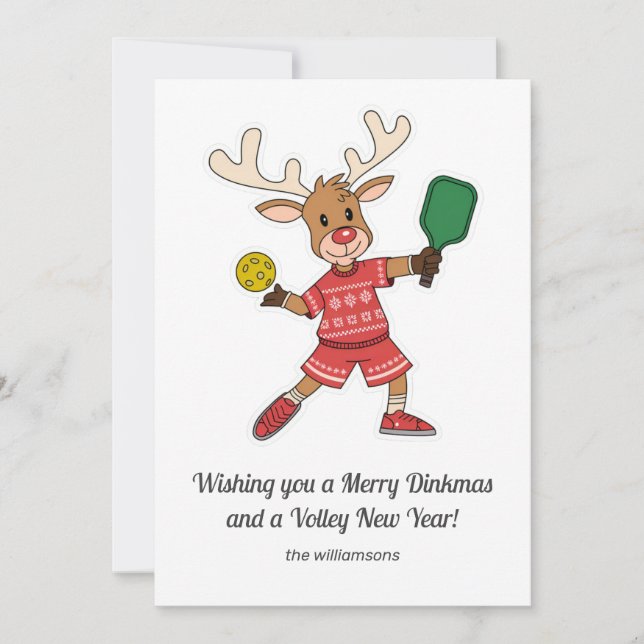 Funny Pickleball Christmas Reindeer, Custom Text Holiday Card (Front)