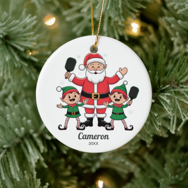 Funny Pickleball Christmas Santa, Elves, Photo, Ceramic Tree Decoration (Tree)