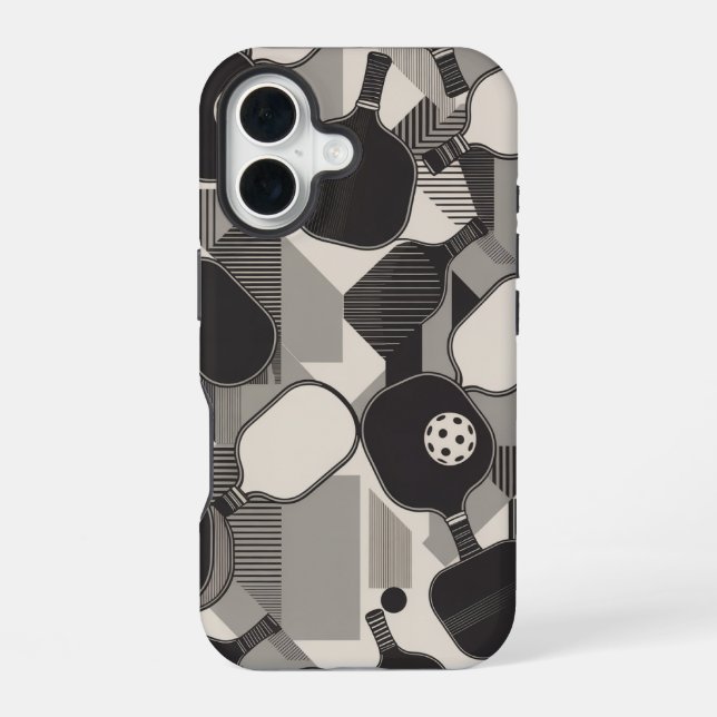 Funny Pickleball Grayscale Paddle Pattern iPhone 16 Case (Back)