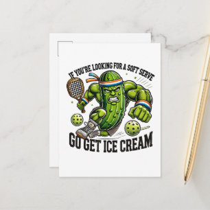 Funny Pickleball Lover Pun with a Pickle Playing Announcement Postcard