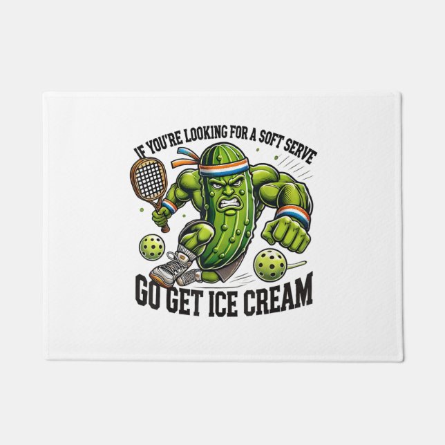Funny Pickleball Lover Pun with a Pickle Playing Doormat (Front)