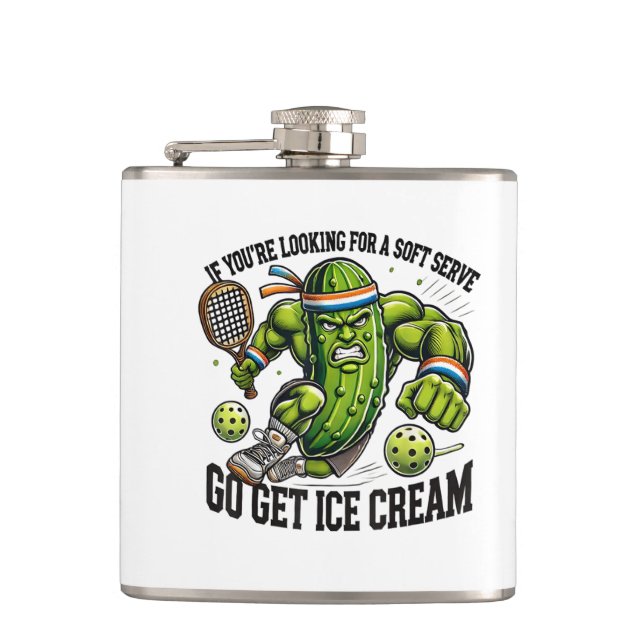 Funny Pickleball Lover Pun with a Pickle Playing Hip Flask (Front)