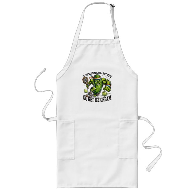 Funny Pickleball Lover Pun with a Pickle Playing Long Apron (Front)