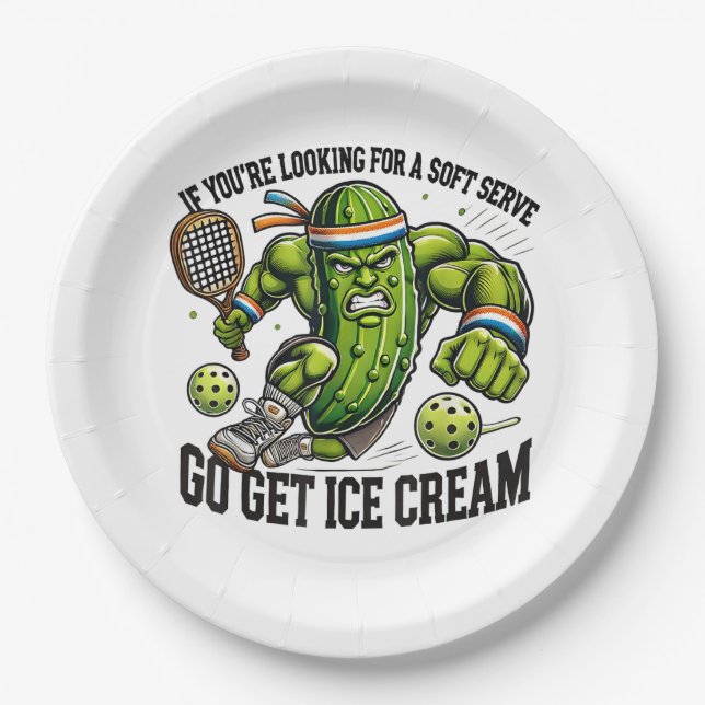 Funny Pickleball Lover Pun with a Pickle Playing Paper Plate (Front)