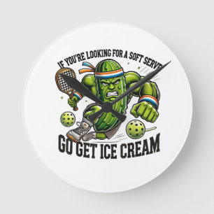 Funny Pickleball Lover Pun with a Pickle Playing Round Clock