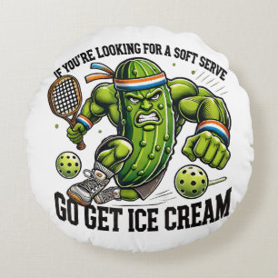 Funny Pickleball Lover Pun with a Pickle Playing Round Cushion