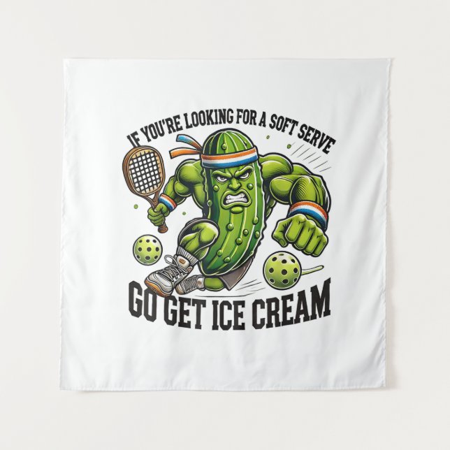 Funny Pickleball Lover Pun with a Pickle Playing Tapestry (Front)