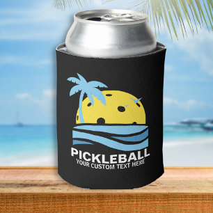 Funny Pickleball Palm Tree Sun Custom Text Black Can Cooler