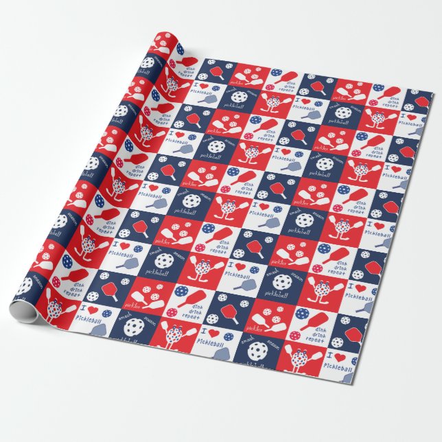 Funny Pickleball Red White Blue Pattern   Wrapping Paper (Unrolled)