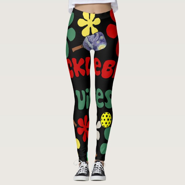 Funny Pickleball Vibes Retro Flowers Art Leggings (Front)