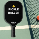 Funny Pickleballer Custom Text Name Pickleball Paddle<br><div class="desc">You'll be a hit on the court with this funny pickleball paddle that reads "Pickle Baller" and is highlighted with a yellow pickleball. Bold White text is set against a black background but you can easily change the colour. Add 2 lines of custom text to personalise - club name, location,...</div>
