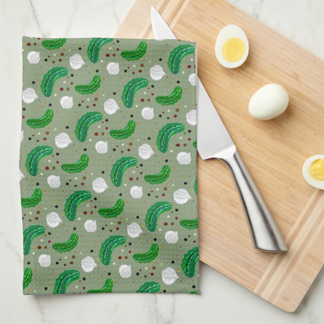 Funny Pickles Gherkins & Pickled Onion Pattern Tea Towel (Quarter Fold)