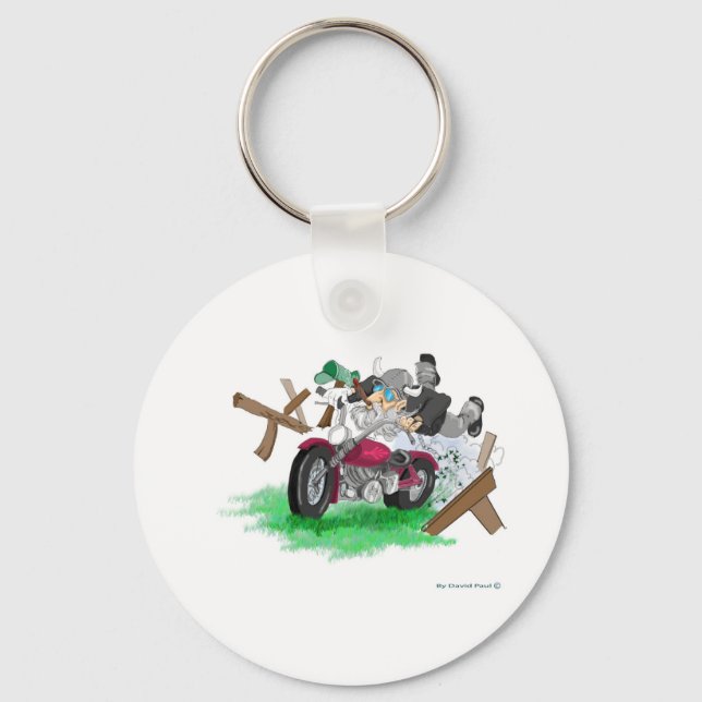 Funny picture of man on motorcycle crashing key ring (Front)