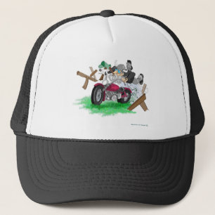 Funny picture of man on motorcycle crashing trucker hat