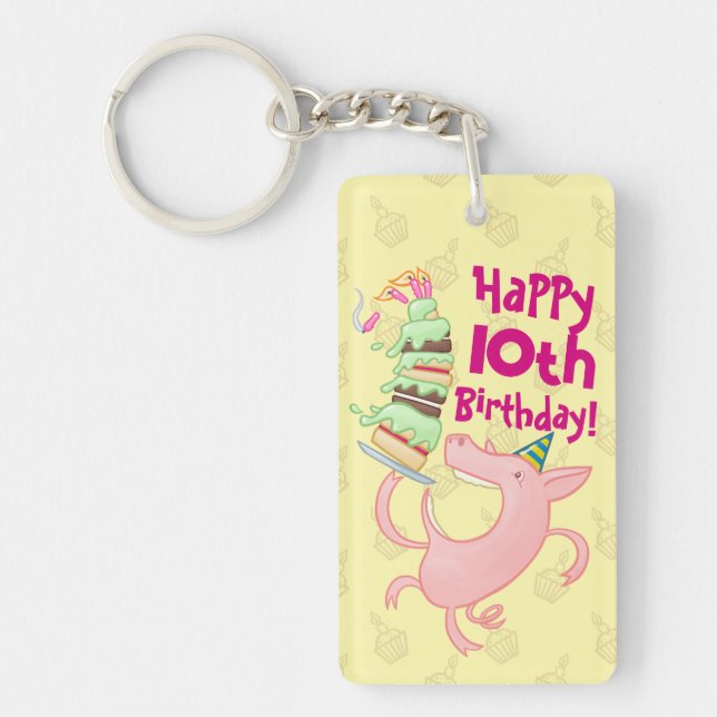 Funny Pig Add The Age Giant Birthday Cake Cartoon Key Ring (Front)