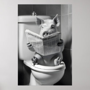 Funny Pig Bathroom Print, Toilet Newspaper, Animal Poster