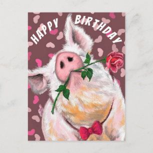 Funny Pig Birthday Card Piggy Gentleman with Rose