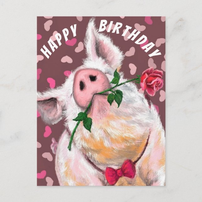 Funny Pig Birthday Card Piggy Gentleman with Rose (Front)