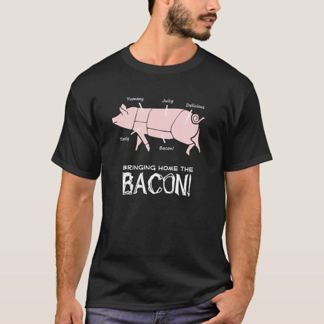Funny Pig Bringing Home the Bacon Dark Design T-Shirt (Front)