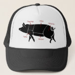 Funny Pig Butcher Chart Diagram Trucker Hat<br><div class="desc">A simple diagram of a pig showing the different pork meat cuts,  with  funny pork loving,  meat eating,  finger licking,  mouth watering  labels!  This makes the perfect gift for the little piggie in your family,  or the bbq master,  butcher,  pig farmer. Mmmmeat!</div>