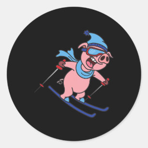 Funny Pig Go Skiing Design Gift Winter Holidays Classic Round Sticker