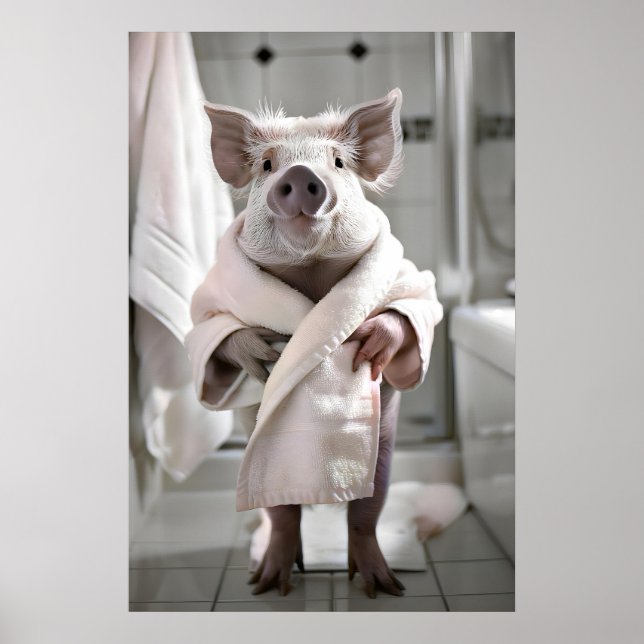 Funny Pig in Bathrobe, Bathroom Wall Art, Cute Poster (Front)
