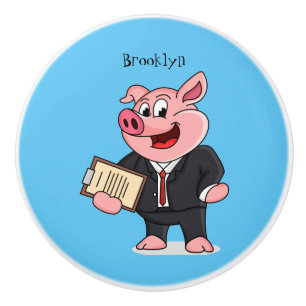 Funny pig in business suit cartoon ceramic knob
