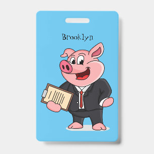 Funny pig in business suit cartoon ID badge