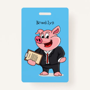 Funny pig in business suit cartoon ID badge