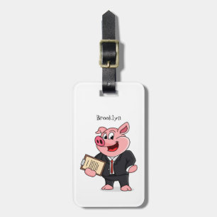 Funny pig in business suit cartoon luggage tag