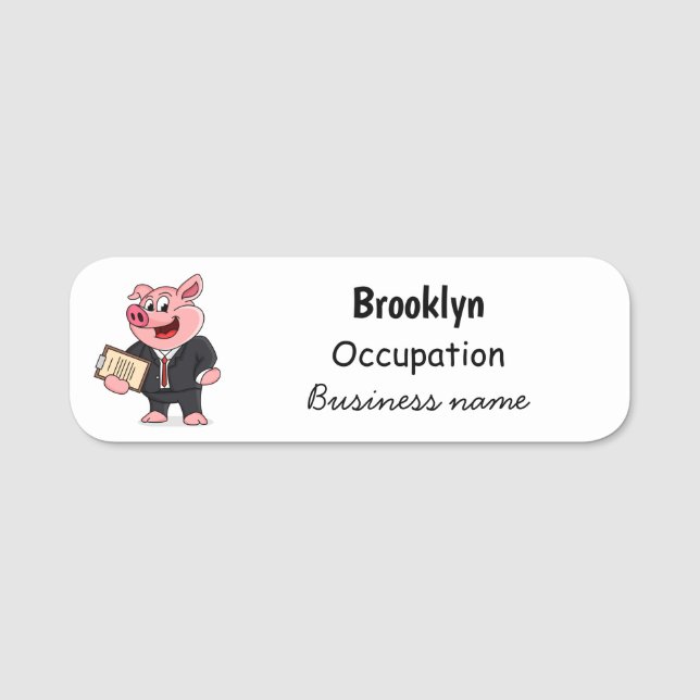 Funny pig in business suit cartoon  name tag (Front)