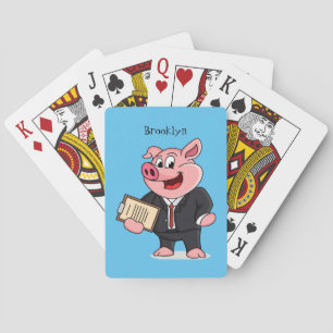 Funny pig in business suit cartoon playing cards