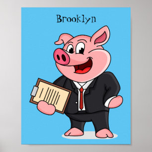 Funny pig in business suit cartoon poster
