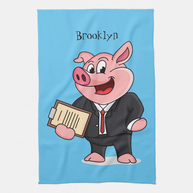 Funny pig in business suit cartoon tea towel (Vertical)