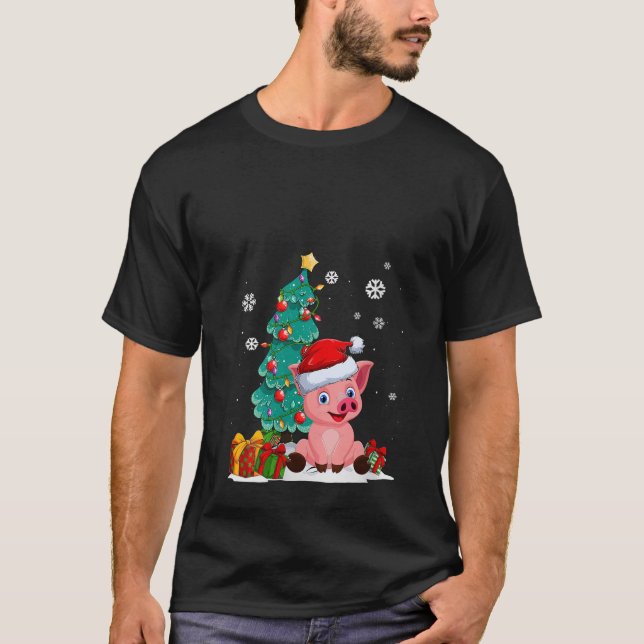 Funny Pig Lovers Cute Pig Santa hat Ugly Christmas T-Shirt (Front)