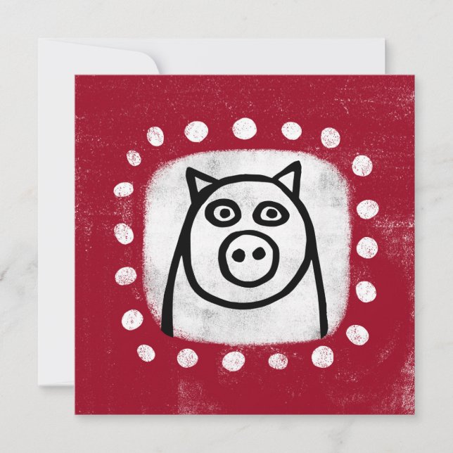 Funny Pig On Red Greeting Card (Front)