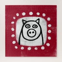 Funny Pig On Red Jigsaw Puzzle