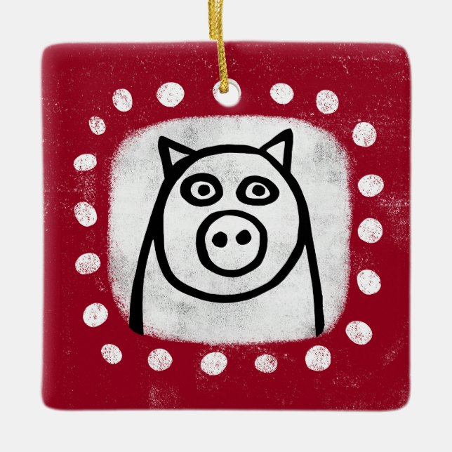 Funny Pig On Red Ornament (Front)