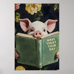 Funny Pig Reading Book – Whimsical Farmhouse Poster