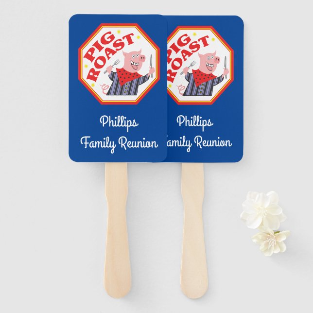 Funny Pig Roast Family Reunion Hand Fan (Front and Back)