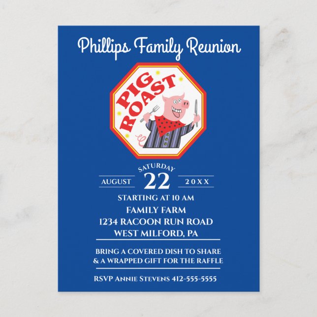 Funny Pig Roast Family Reunion Invitation Postcard (Front)