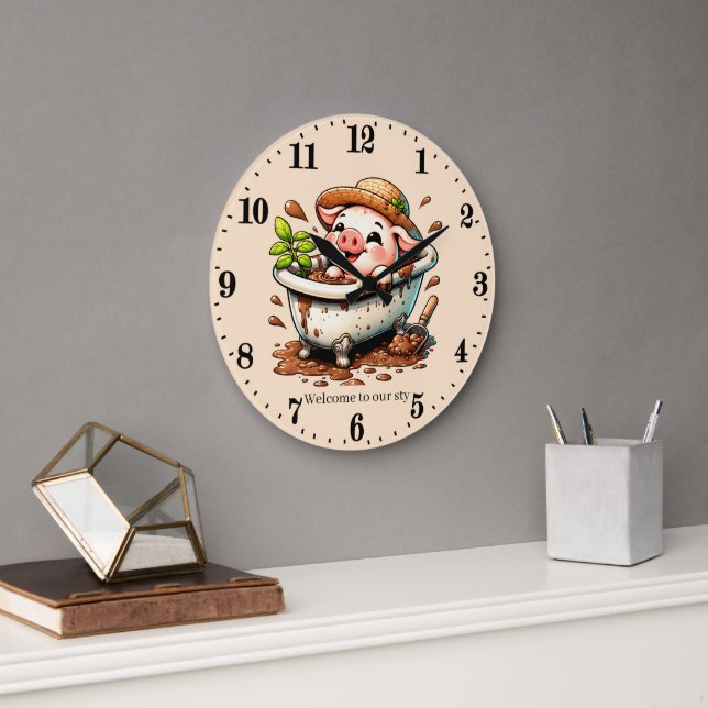 Funny pig sty add text bathroom  large clock (Office)