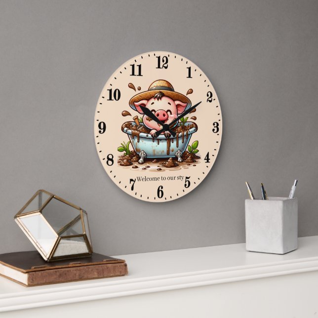 Funny pig sty add text bathroom large clock (Office)