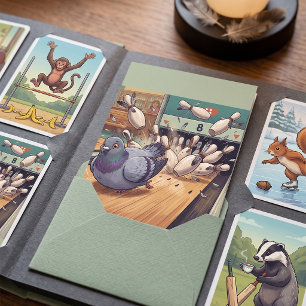 Funny Pigeon Bowling Strike Cartoon Art Card