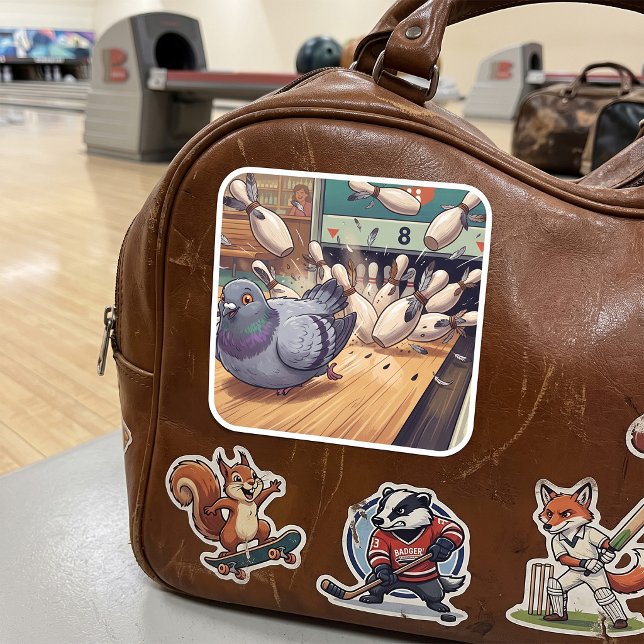 Funny Pigeon Bowling Strike Cartoon Art Square Sticker (Creator Uploaded)