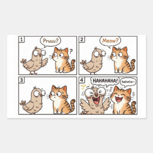 Funny Pigeon Cat Pruuu Meow Comic Strip 4 Panel Rectangular Sticker